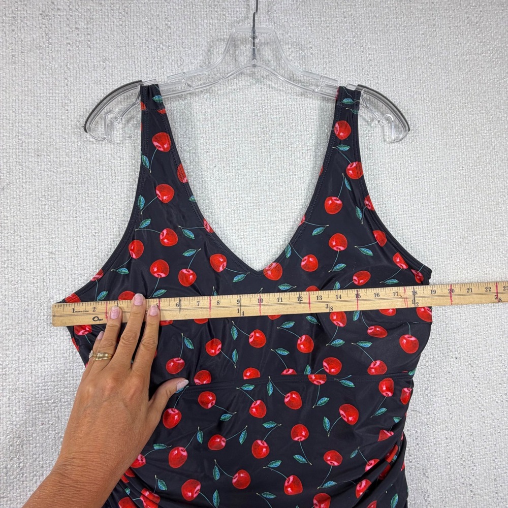 Cherry Print V-Neck Ruched Swimdress Black Red Retro One Piece Swimsuit - Picture 3 of 8